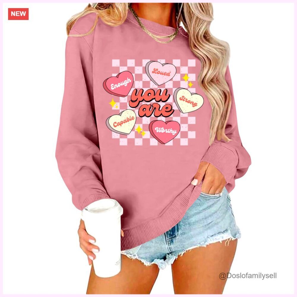 Retro Heart Graphic Long Sleeve Sweatshirt Teacher Valentine Gift Casual Chic